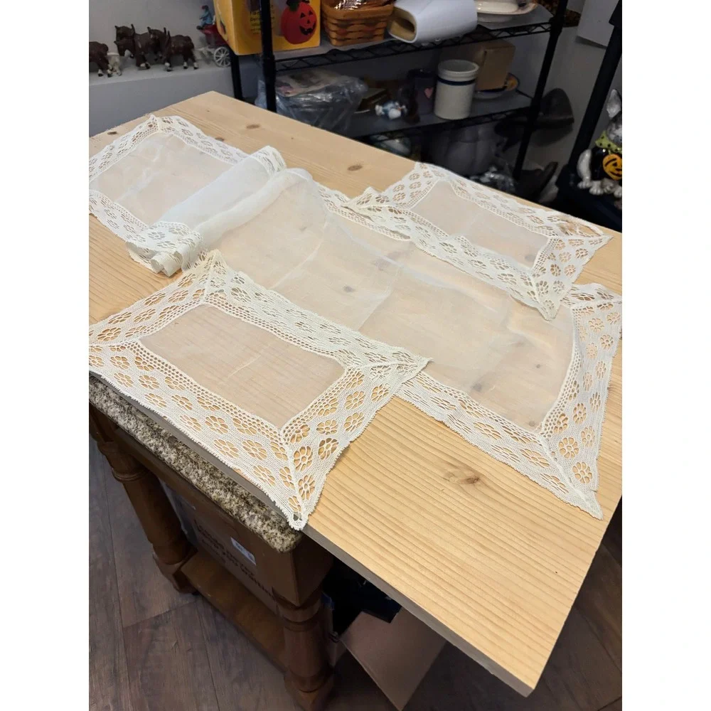 Vintage Sheer Lace Table Runner and 2 Placemats Set Embroidered Cream 3pc